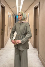 Yeşil Kemer Detaylı Tunik Pantolon Takım