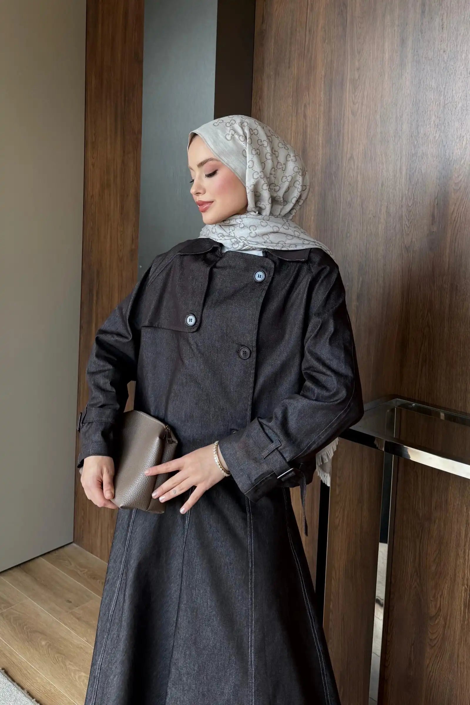 Kahverengi Kontrast Dikişli Kısa Ceket Etek Denim Takım Ürün ana görseli