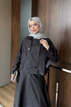 Kahverengi Kontrast Dikişli Kısa Ceket Etek Denim Takım