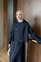 Lacivert Kontrast Dikişli Kısa Ceket Etek Denim Takım