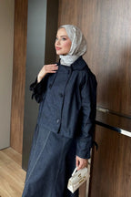 Lacivert Kontrast Dikişli Kısa Ceket Etek Denim Takım