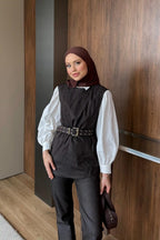 Kahverengi Kuşgözü Kemerli Denim İkili Takım