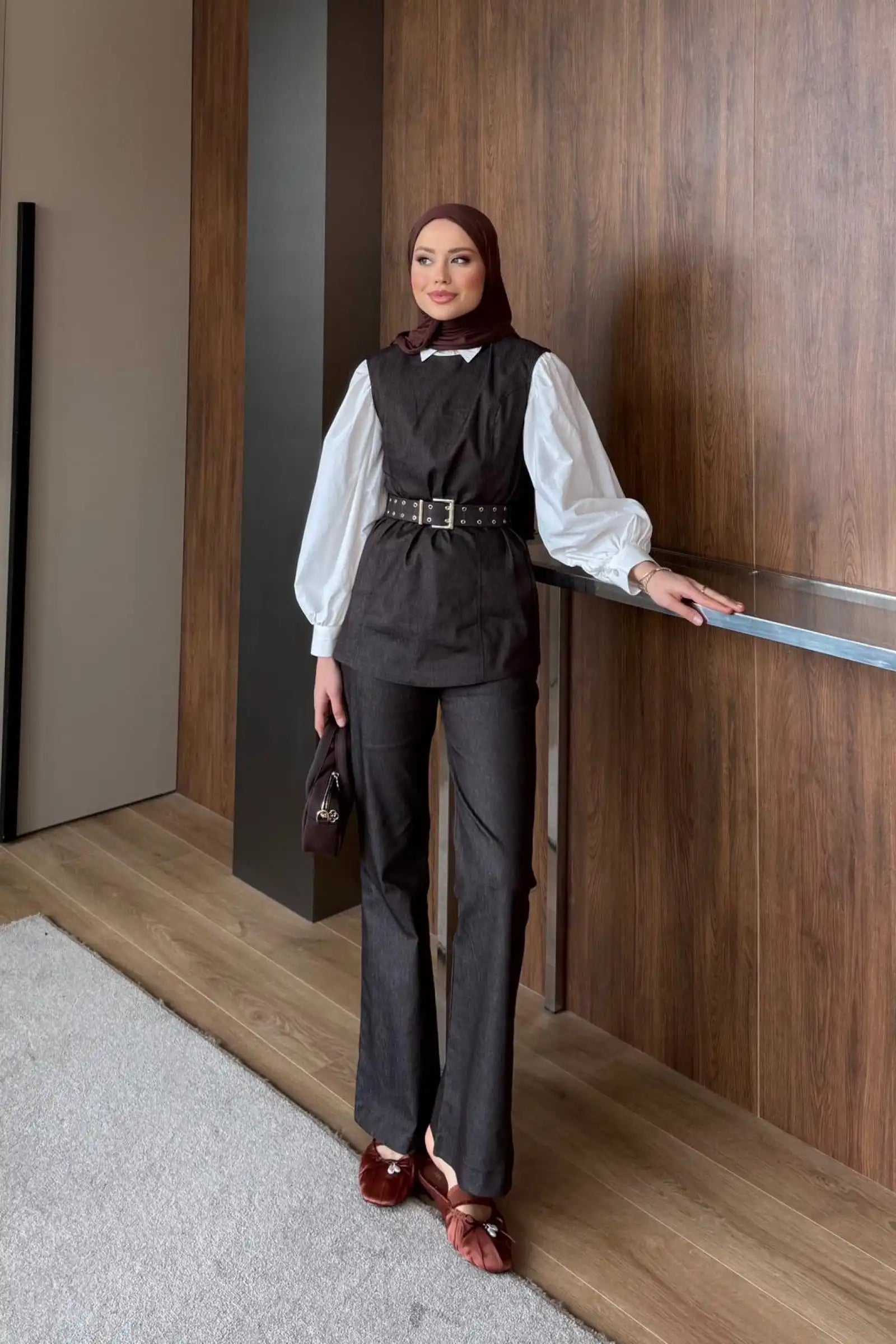 Kahverengi Kuşgözü Kemerli Denim İkili Takım