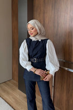 Lacivert Kuşgözü Kemerli Denim İkili Takım