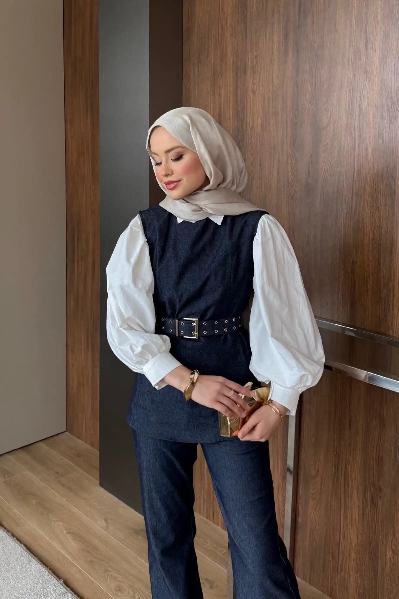 Lacivert Kuşgözü Kemerli Denim İkili Takım