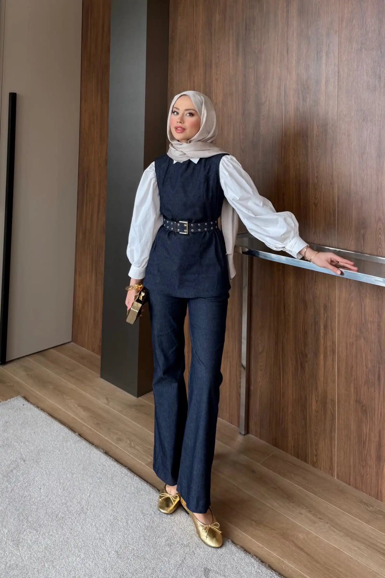 Lacivert Kuşgözü Kemerli Denim İkili Takım