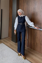 Lacivert Kuşgözü Kemerli Denim İkili Takım