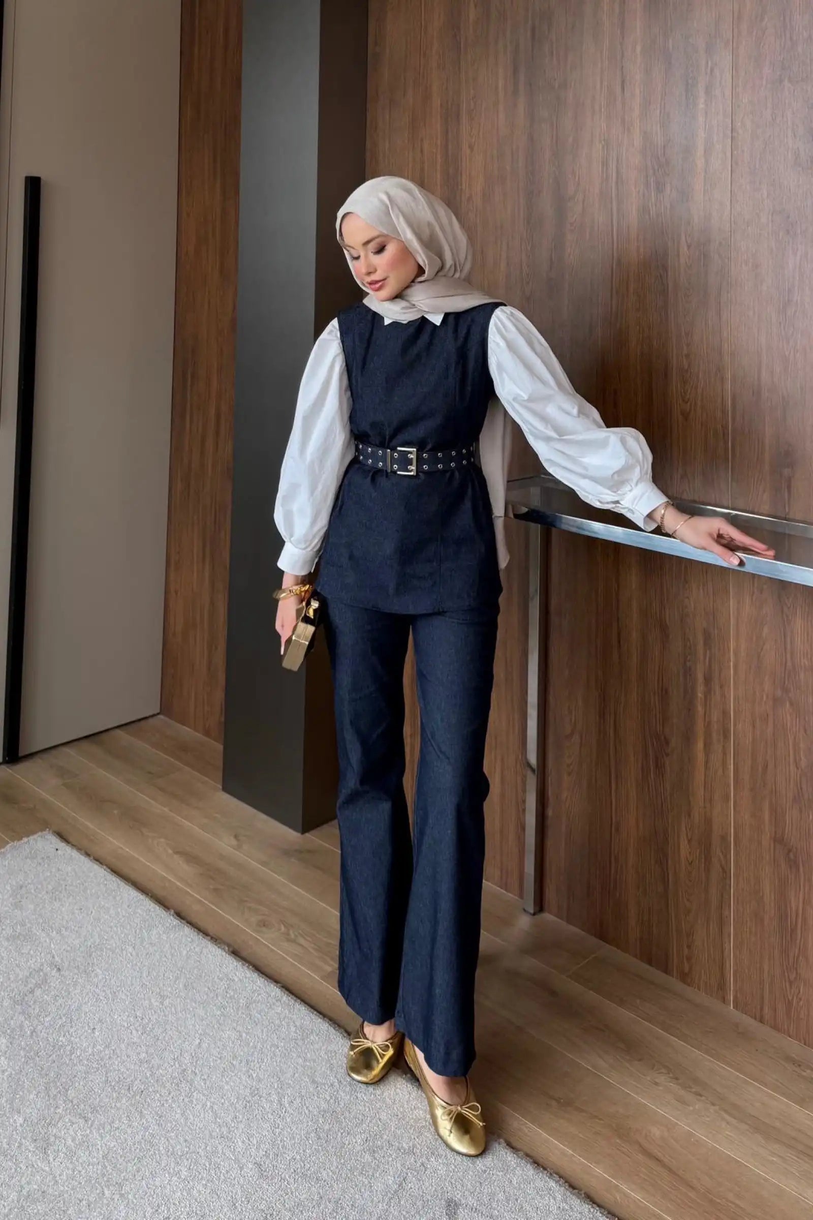 Lacivert Kuşgözü Kemerli Denim İkili Takım