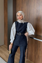 Lacivert Kuşgözü Kemerli Denim İkili Takım
