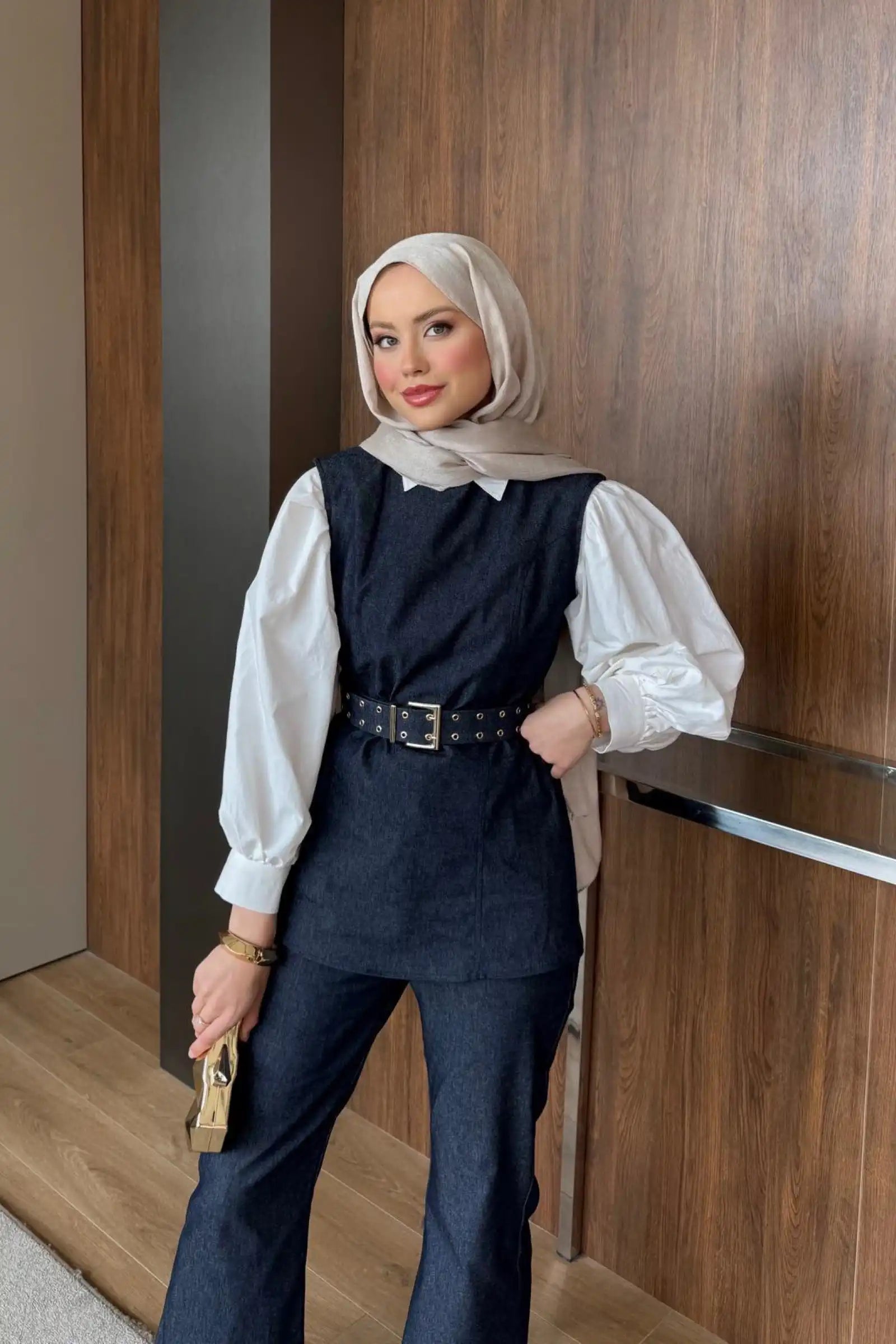 Lacivert Kuşgözü Kemerli Denim İkili Takım