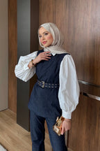 Lacivert Kuşgözü Kemerli Denim İkili Takım