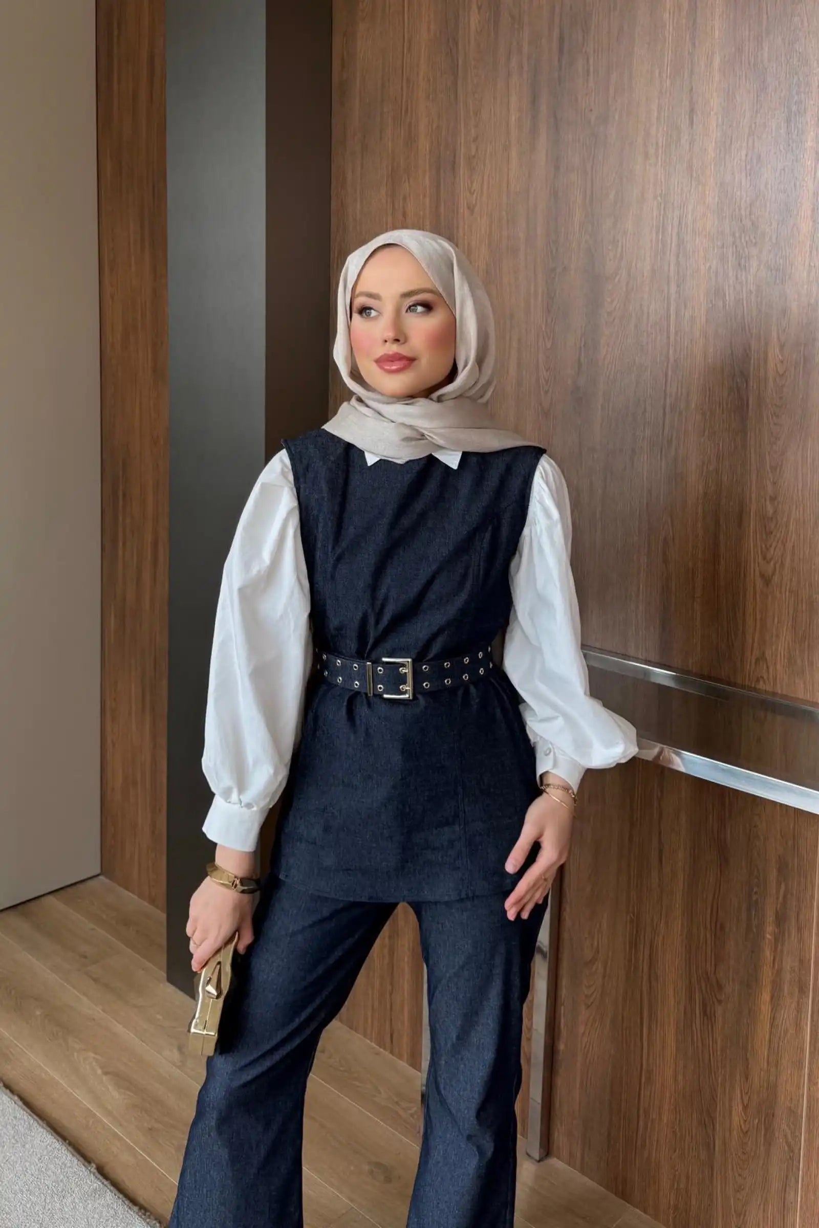 Lacivert Kuşgözü Kemerli Denim İkili Takım