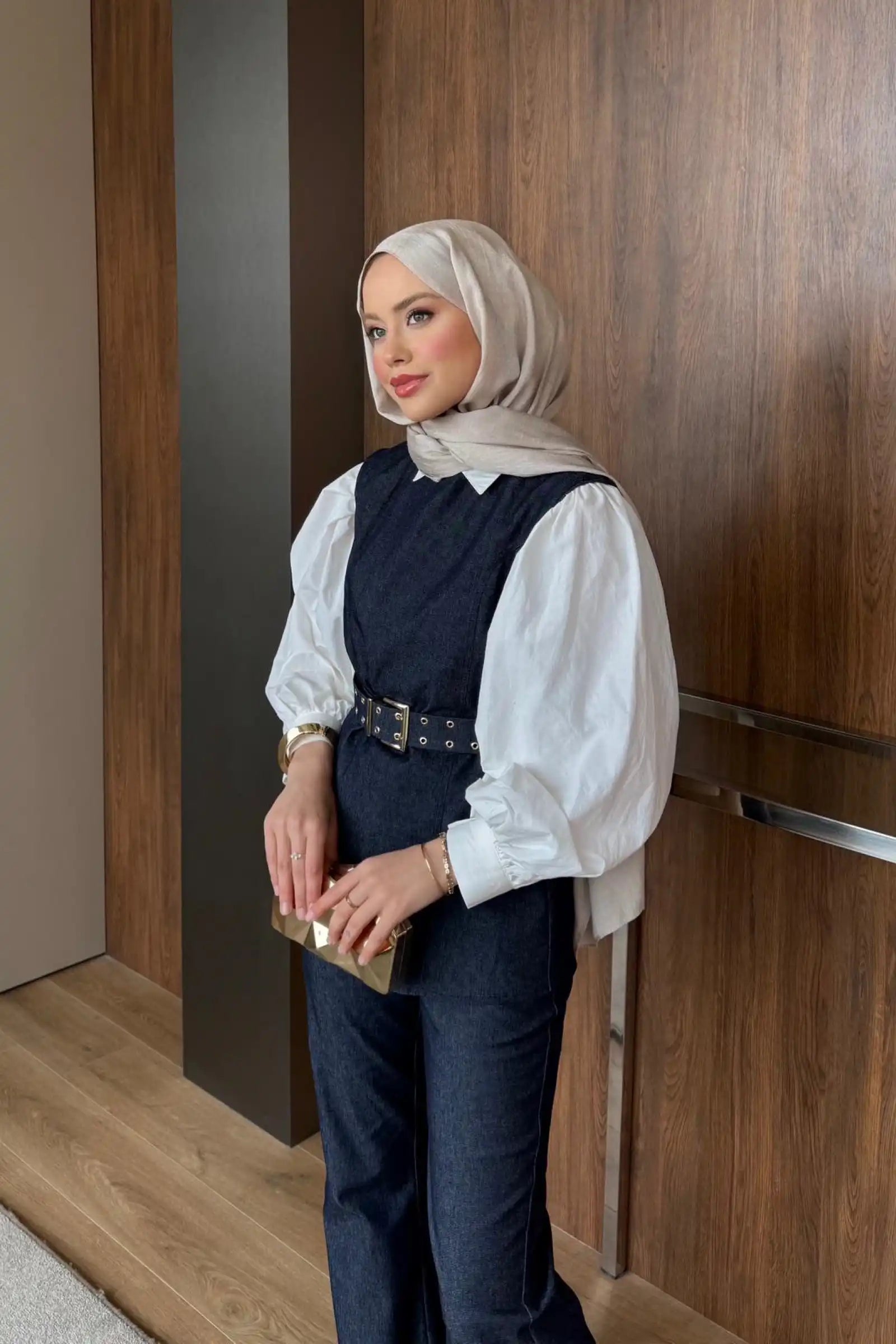 Lacivert Kuşgözü Kemerli Denim İkili Takım