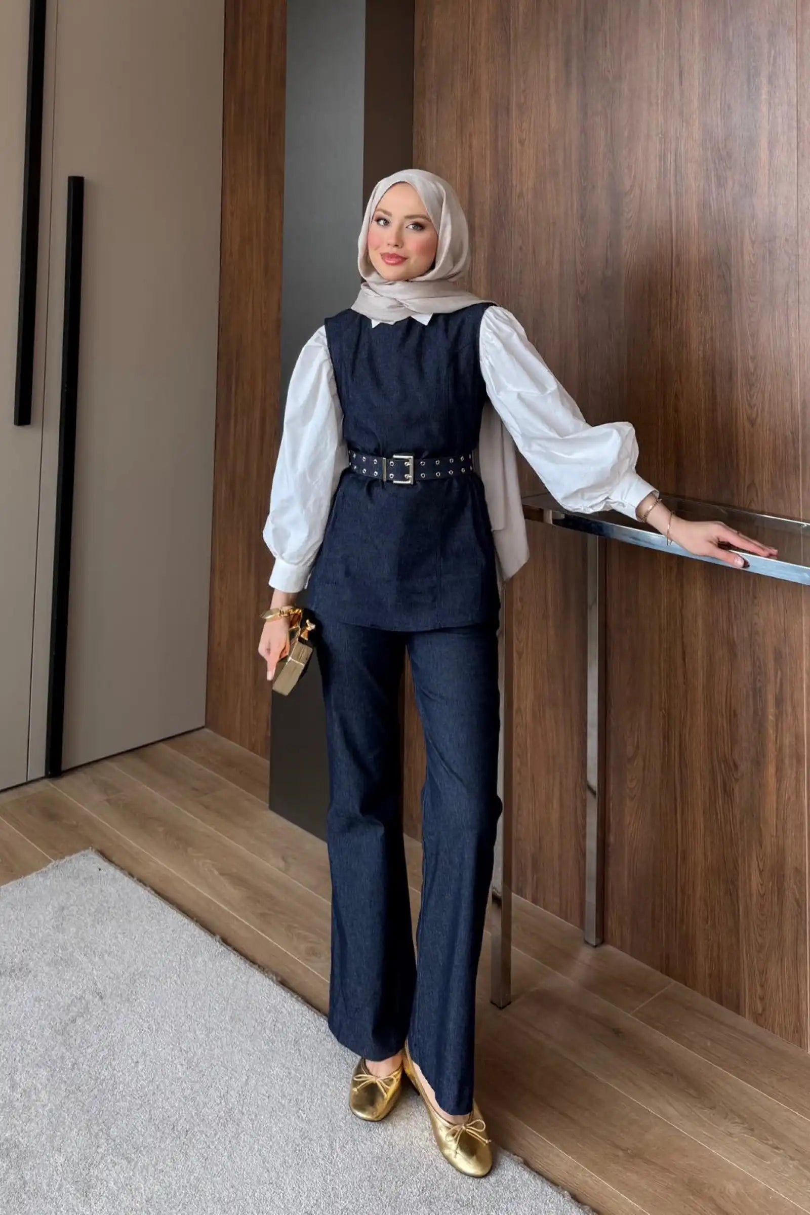 Lacivert Kuşgözü Kemerli Denim İkili Takım