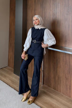 Lacivert Kuşgözü Kemerli Denim İkili Takım