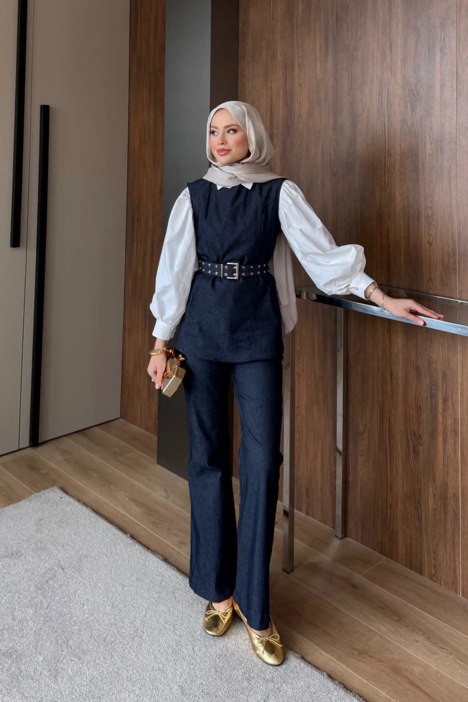 Lacivert Kuşgözü Kemerli Denim İkili Takım