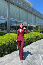 Bordo Asimetrik Kemer Detaylı Blazer Takım