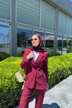 Bordo Asimetrik Kemer Detaylı Blazer Takım