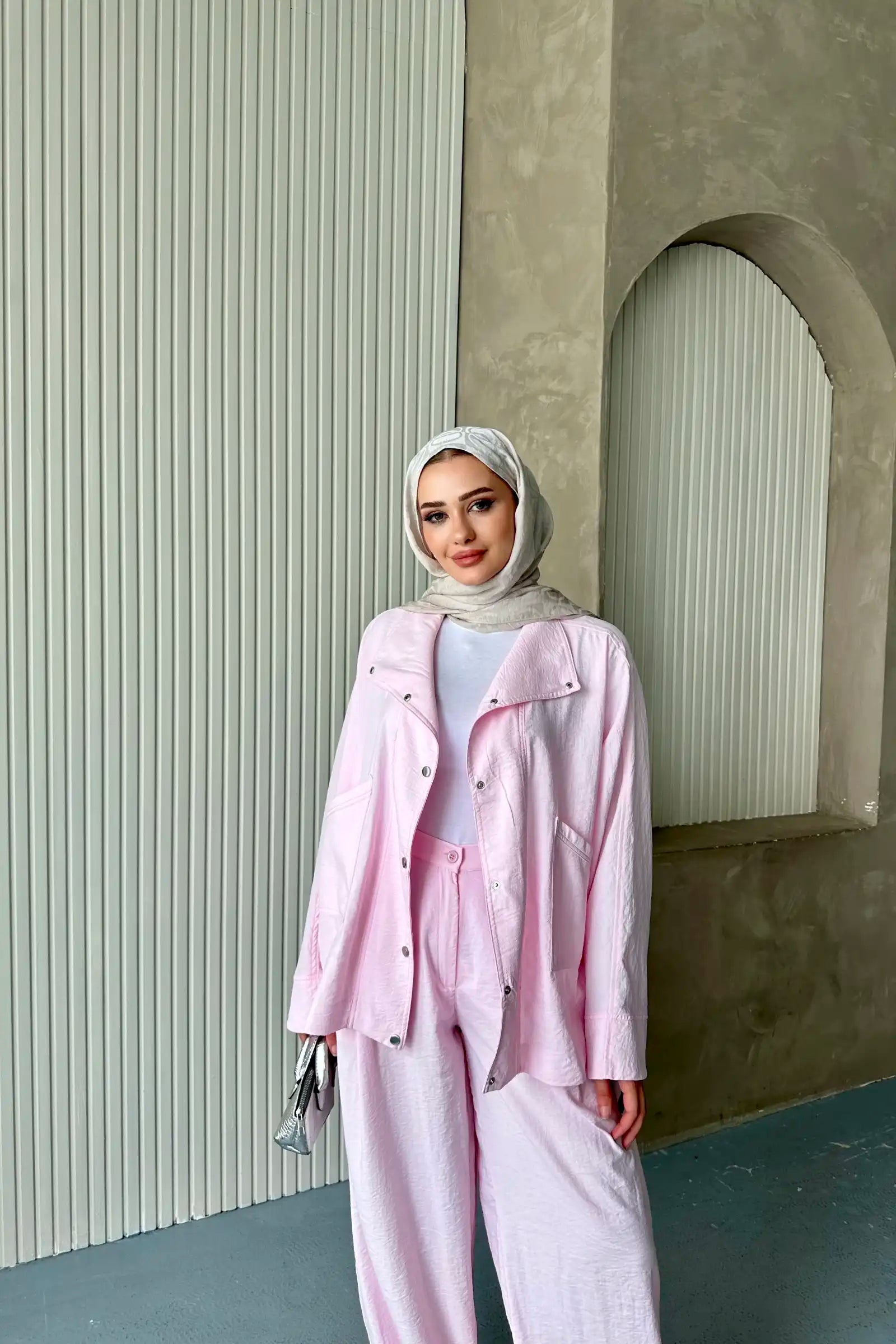 Pembe Kupra Kumaş Çıtçıtlı Şalvar Takım