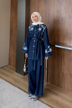 Lacivert Çiçek Nakışlı Kuşaklı Denim İkili Takım