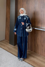 Lacivert Çiçek Nakışlı Kuşaklı Denim İkili Takım