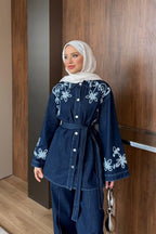 Lacivert Çiçek Nakışlı Kuşaklı Denim İkili Takım