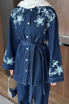 Lacivert Çiçek Nakışlı Kuşaklı Denim İkili Takım