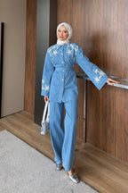 Mavi Çiçek Nakışlı Kuşaklı Denim İkili Takım