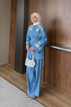 Mavi Çiçek Nakışlı Kuşaklı Denim İkili Takım