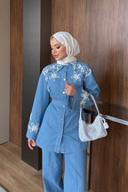 Mavi Çiçek Nakışlı Kuşaklı Denim İkili Takım