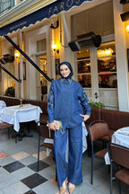 Lacivert Yakası Taşlı Nakışlı Denim Takım