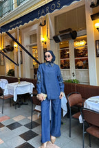 Lacivert Yakası Taşlı Nakışlı Denim Takım