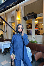 Lacivert Yakası Taşlı Nakışlı Denim Takım