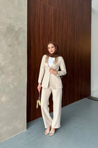 Bej Saten Şal Yakalı Blazer Pantolon Takımı