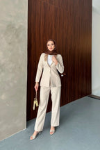 Bej Saten Şal Yakalı Blazer Pantolon Takımı