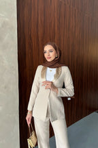 Bej Saten Şal Yakalı Blazer Pantolon Takımı