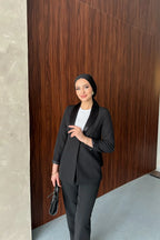Kahverengi Saten Şal Yakalı Blazer Pantolon Takımı