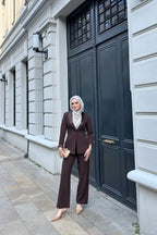 Kahverengi Saten Şal Yakalı Blazer Pantolon Takımı