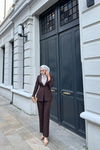 Kahverengi Saten Şal Yakalı Blazer Pantolon Takımı