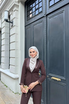 Kahverengi Saten Şal Yakalı Blazer Pantolon Takımı