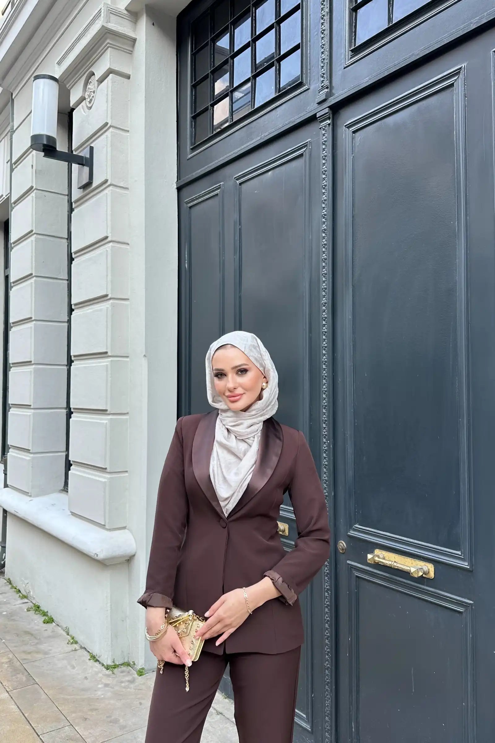 Kahverengi Saten Şal Yakalı Blazer Pantolon Takımı
