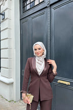 Kahverengi Saten Şal Yakalı Blazer Pantolon Takımı