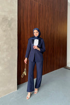 Lacivert Saten Şal Yakalı Blazer Pantolon Takımı