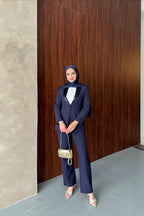 Lacivert Saten Şal Yakalı Blazer Pantolon Takımı