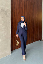 Lacivert Saten Şal Yakalı Blazer Pantolon Takımı