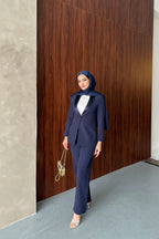 Lacivert Saten Şal Yakalı Blazer Pantolon Takımı