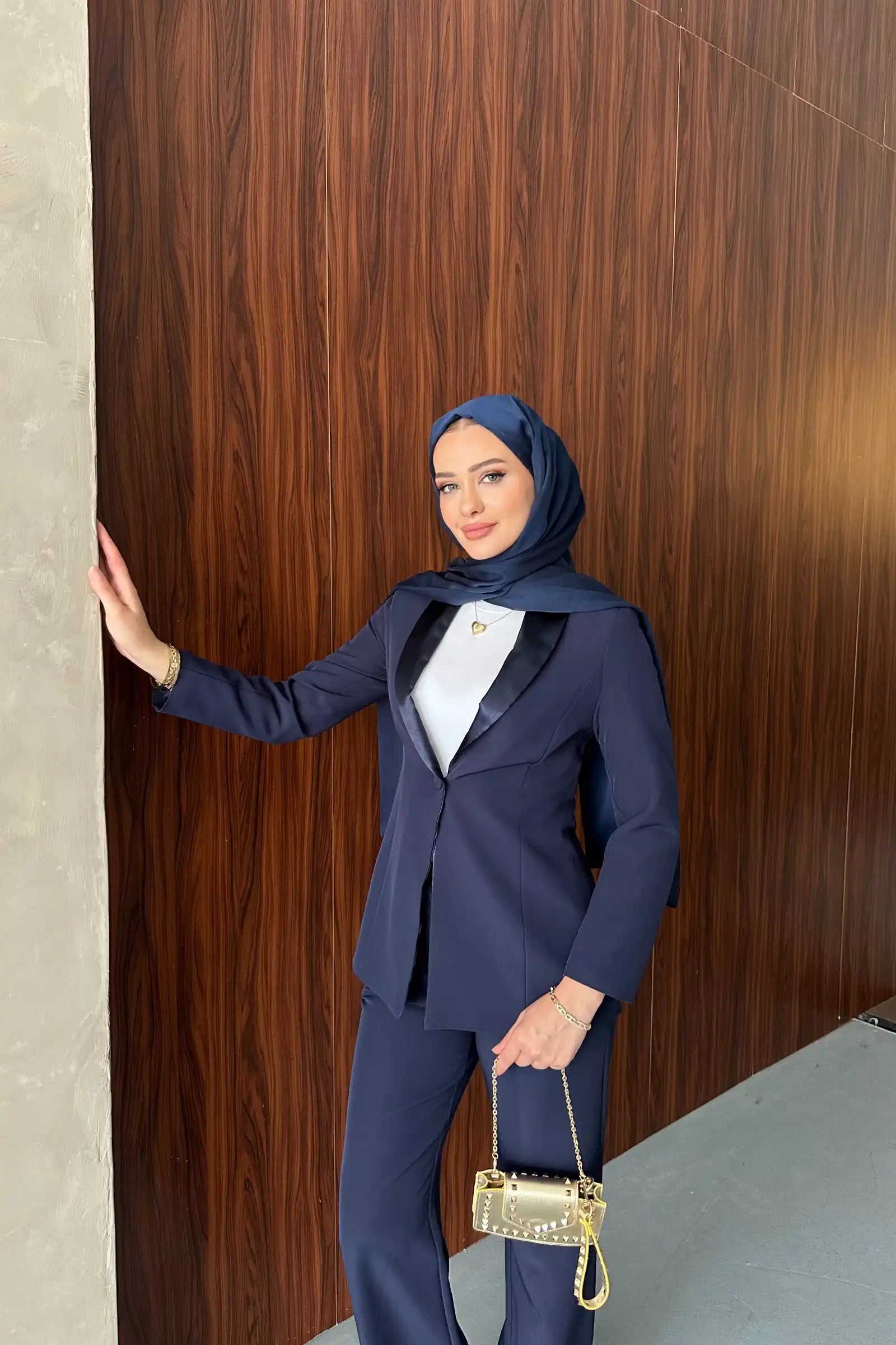 Lacivert Saten Şal Yakalı Blazer Pantolon Takımı
