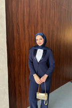 Lacivert Saten Şal Yakalı Blazer Pantolon Takımı