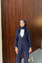 Lacivert Saten Şal Yakalı Blazer Pantolon Takımı