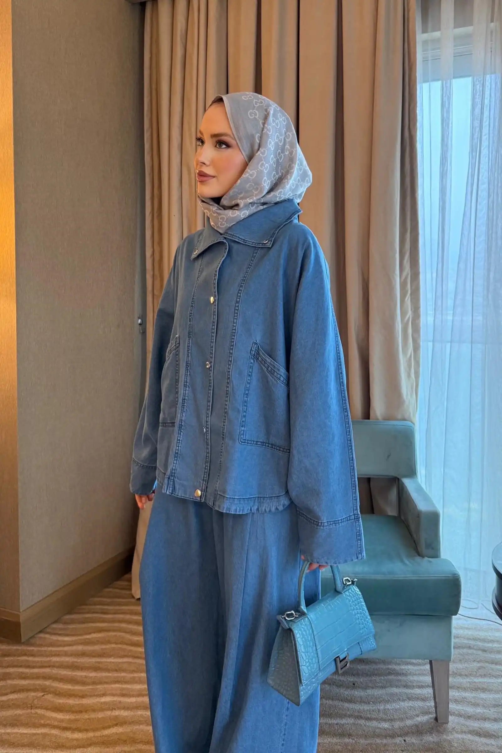 Şalvar Detaylı Kot İkili Takım - Mavi